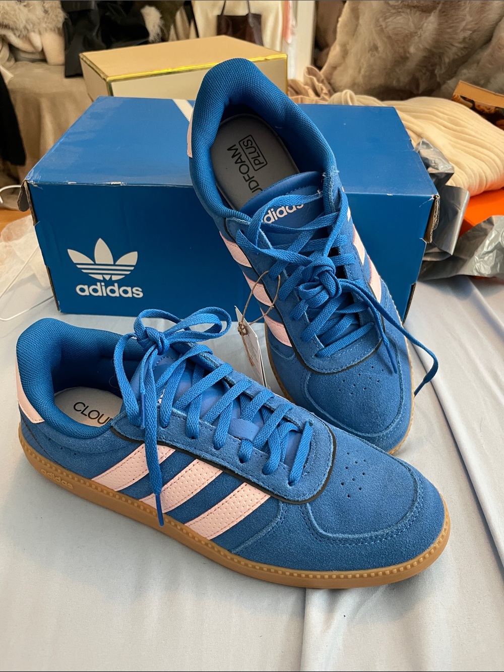 adidas Women Blue Suede Sneakers with Pink Stripes